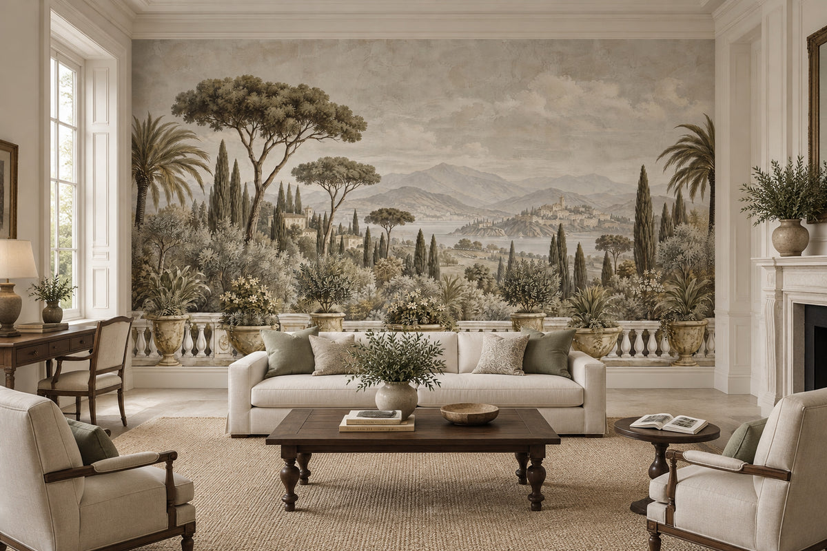 Tuscan Terrace Landscape Wallpaper Mural In Sepia Beige Vintage Inspired Fresco Style