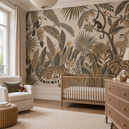 Tiger And Toucan Jungle Wallpaper Mural Beige Vintage Inspired Botanical