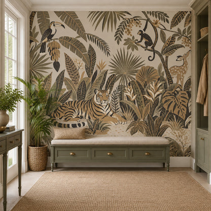 Tiger And Toucan Jungle Wallpaper Mural Beige Vintage Inspired Botanical