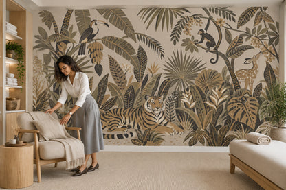 Tiger And Toucan Jungle Wallpaper Mural Beige Vintage Inspired Botanical