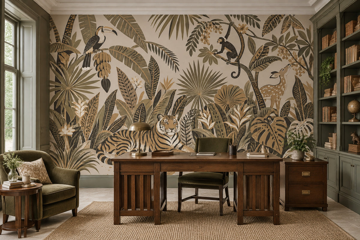 Tiger And Toucan Jungle Wallpaper Mural Beige Vintage Inspired Botanical
