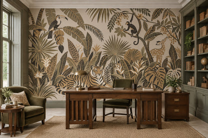 Tiger And Toucan Jungle Wallpaper Mural Beige Vintage Inspired Botanical