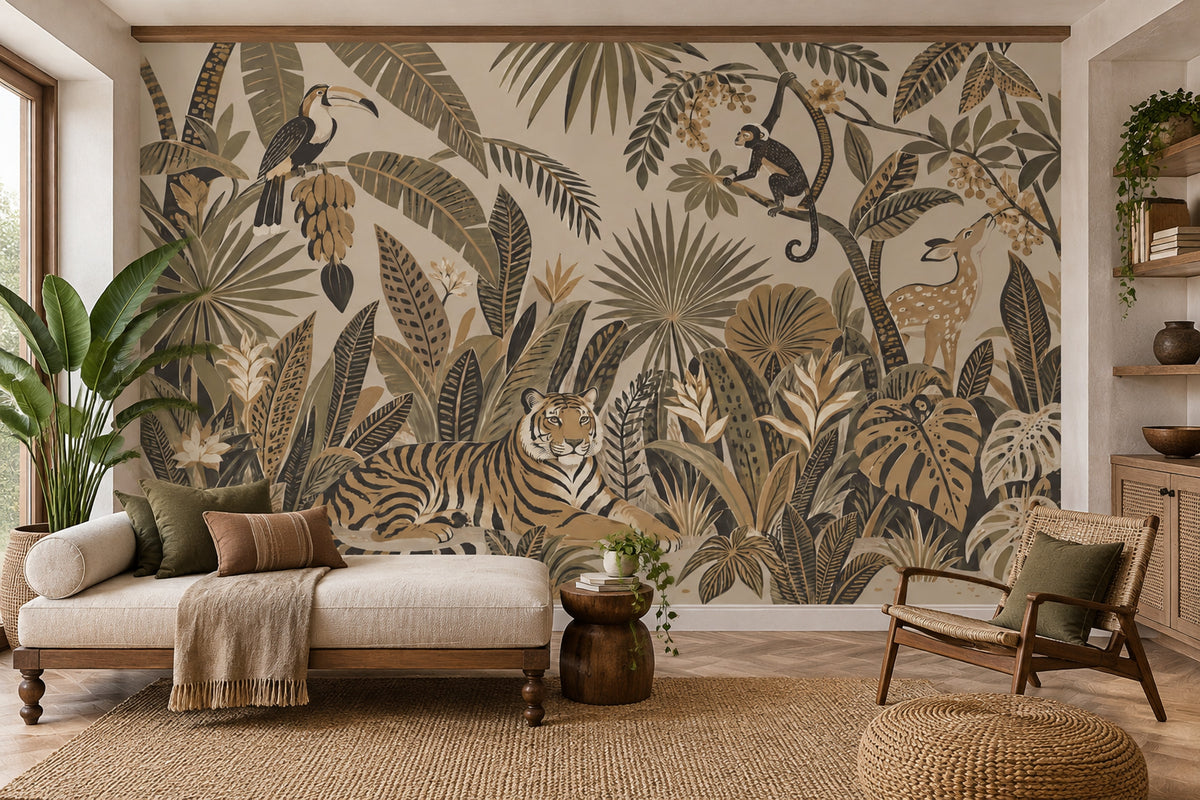 Tiger And Toucan Jungle Wallpaper Mural Beige Vintage Inspired Botanical