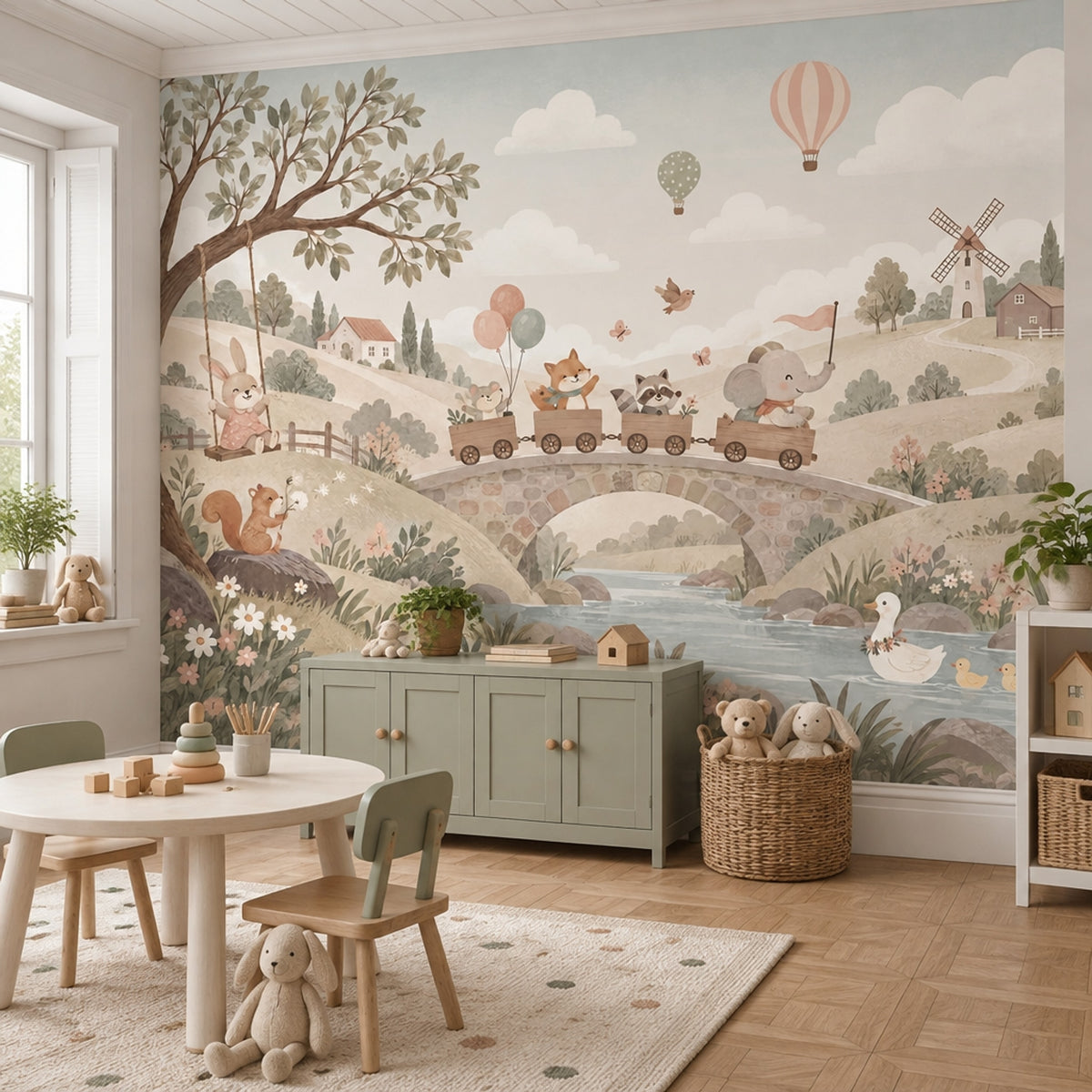 Woodland Animal Train Wallpaper Mural Pastel Watercolor Countryside