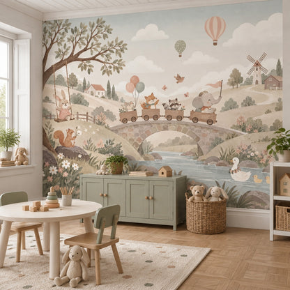 Woodland Animal Train Wallpaper Mural Pastel Watercolor Countryside