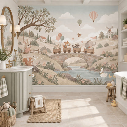 Woodland Animal Train Wallpaper Mural Pastel Watercolor Countryside