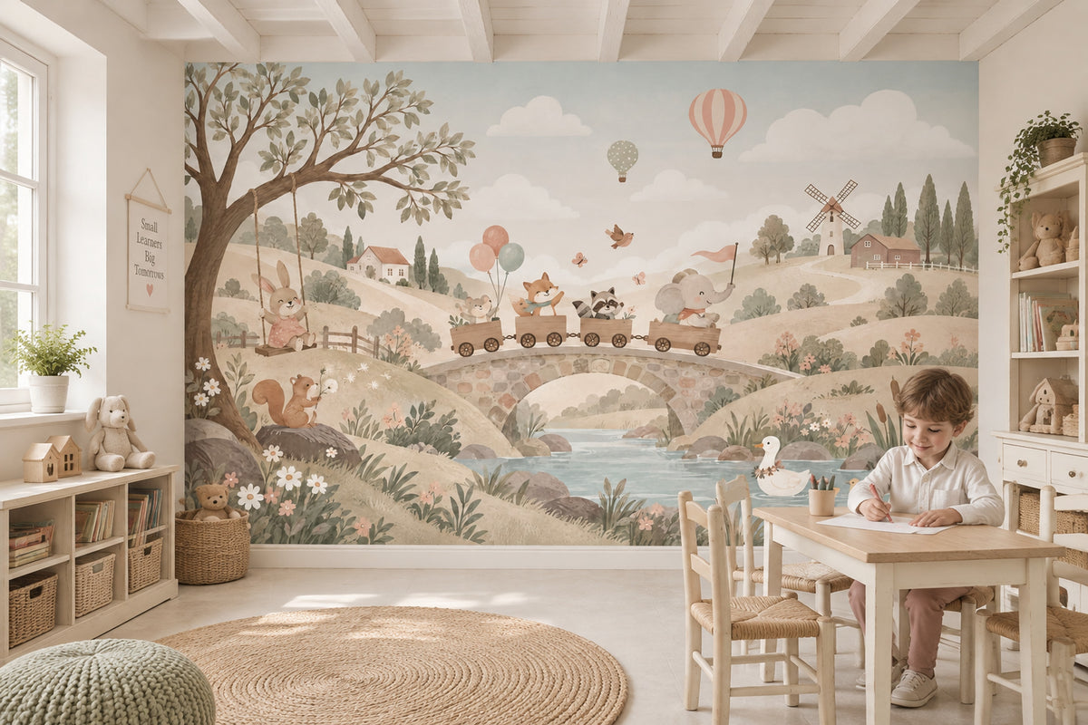 Woodland Animal Train Wallpaper Mural Pastel Watercolor Countryside