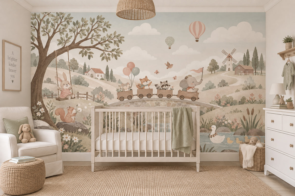 Woodland Animal Train Wallpaper Mural Pastel Watercolor Countryside
