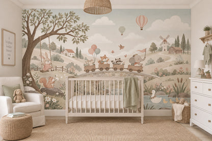Woodland Animal Train Wallpaper Mural Pastel Watercolor Countryside