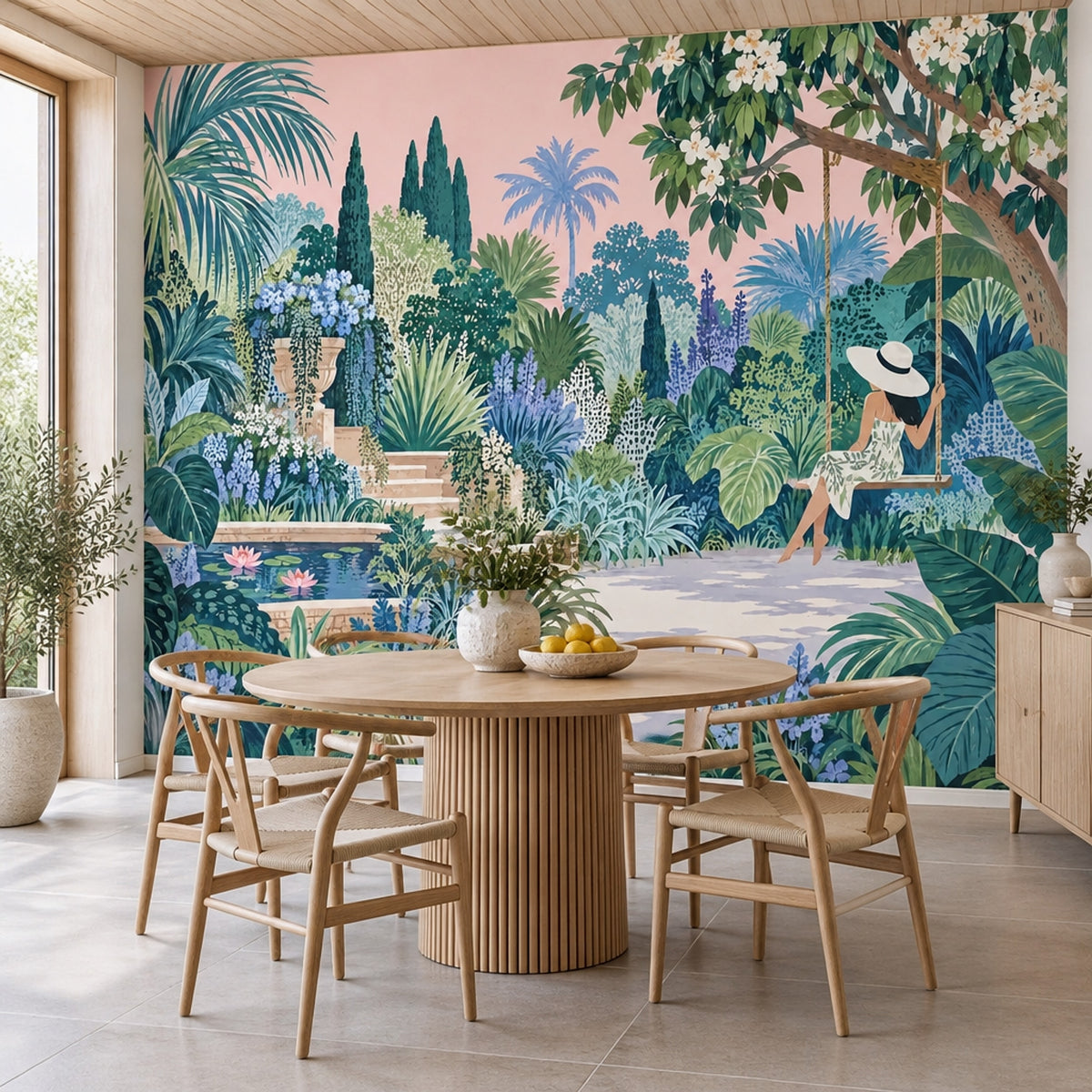 Woman On A Garden Swing Wallpaper Mural: Watercolor Tropical Greens