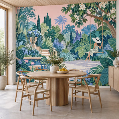 Woman On A Garden Swing Wallpaper Mural: Watercolor Tropical Greens
