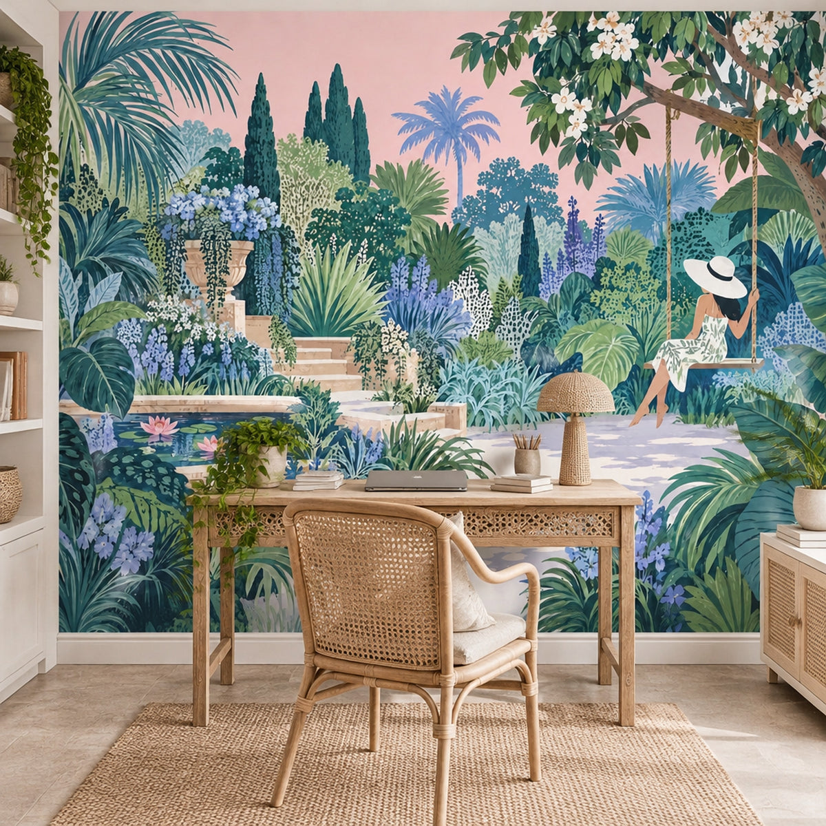 Woman On A Garden Swing Wallpaper Mural: Watercolor Tropical Greens
