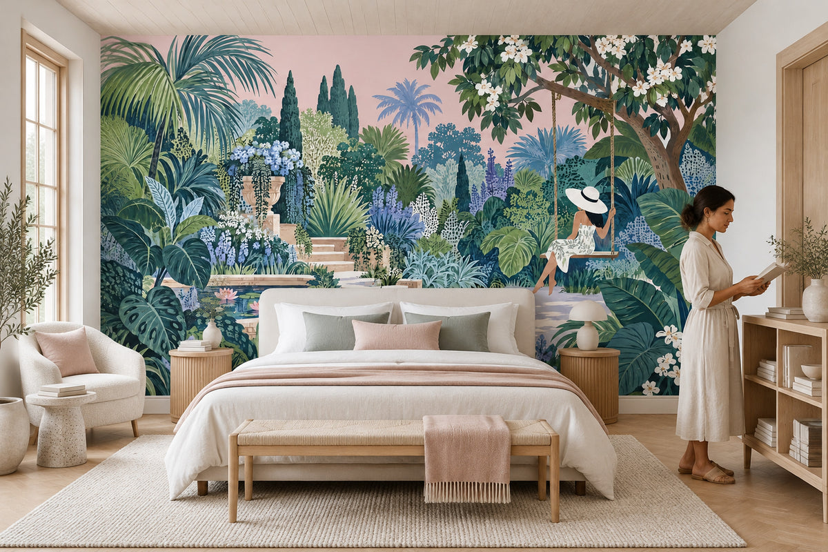 Woman On A Garden Swing Wallpaper Mural: Watercolor Tropical Greens