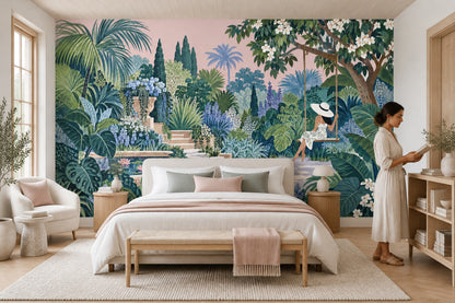 Woman On A Garden Swing Wallpaper Mural: Watercolor Tropical Greens