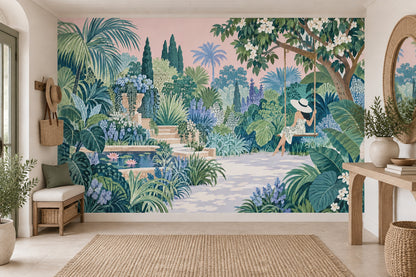 Woman On A Garden Swing Wallpaper Mural: Watercolor Tropical Greens