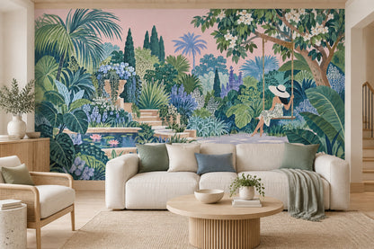 Woman On A Garden Swing Wallpaper Mural: Watercolor Tropical Greens