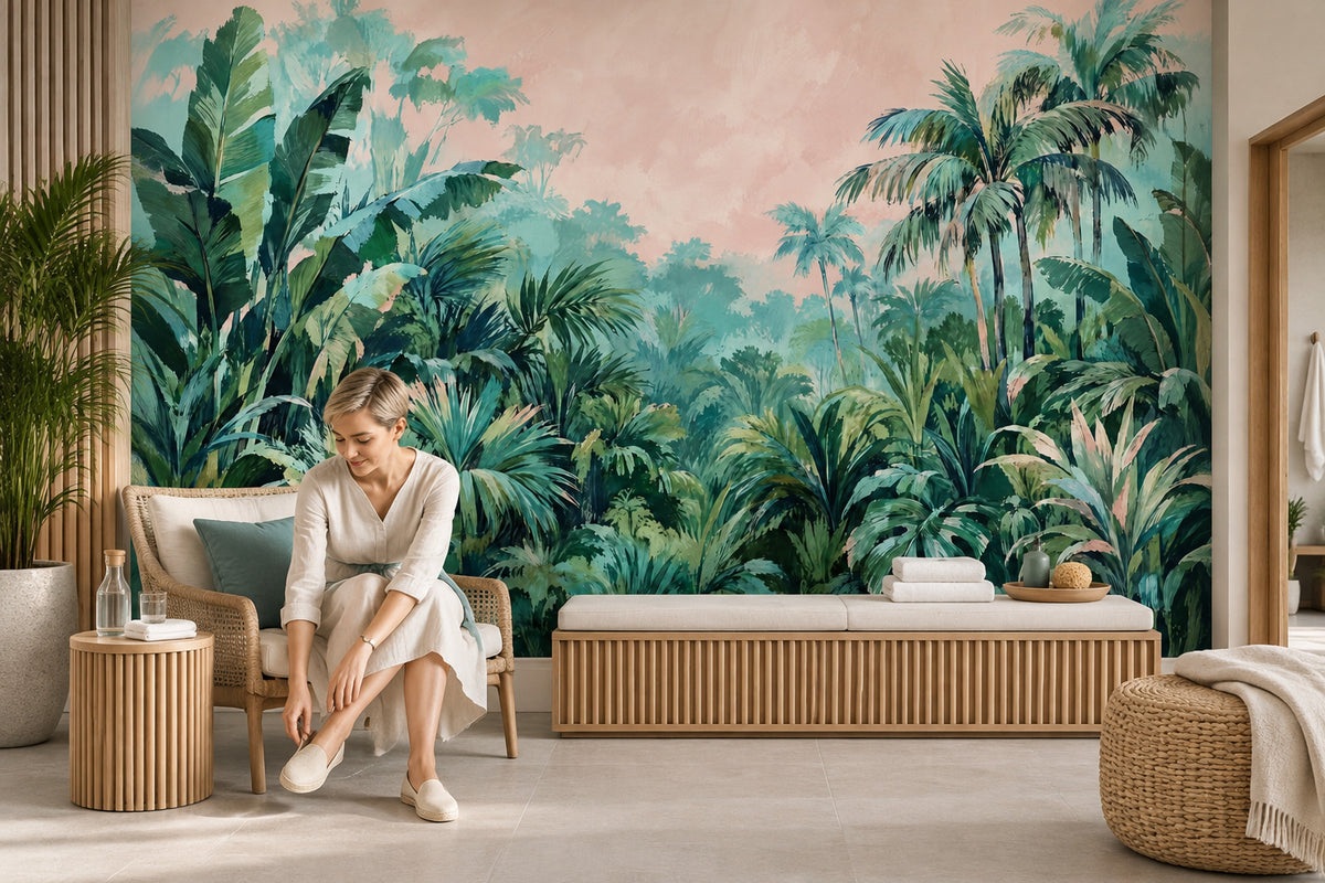 Tropical Jungle Wallpaper Mural Green Foliage With Pastel Pink Sky