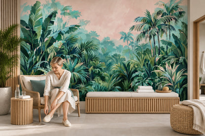 Tropical Jungle Wallpaper Mural Green Foliage With Pastel Pink Sky