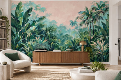 Tropical Jungle Wallpaper Mural Green Foliage With Pastel Pink Sky