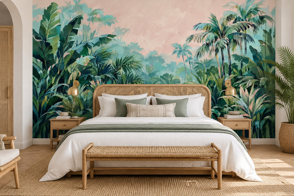 Tropical Jungle Wallpaper Mural Green Foliage With Pastel Pink Sky