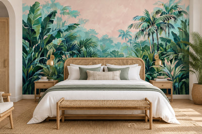 Tropical Jungle Wallpaper Mural Green Foliage With Pastel Pink Sky