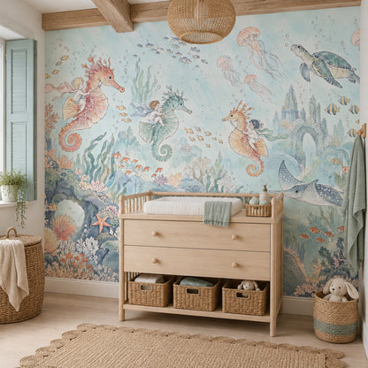 Seahorse Riding Kids Wallpaper Mural: Pastel Watercolor Underwater Castle