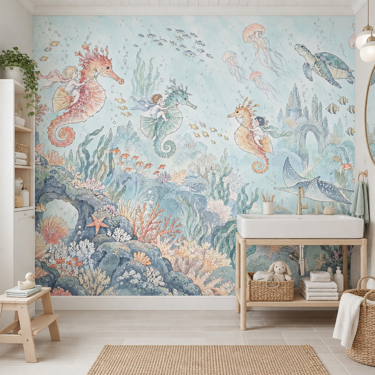 Seahorse Riding Kids Wallpaper Mural: Pastel Watercolor Underwater Castle