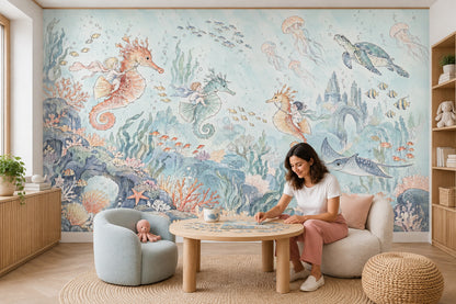 Seahorse Riding Kids Wallpaper Mural: Pastel Watercolor Underwater Castle