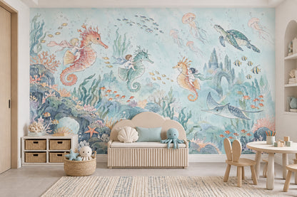 Seahorse Riding Kids Wallpaper Mural: Pastel Watercolor Underwater Castle