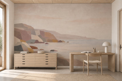 Geometric Rocky Coast Wallpaper Mural Muted Earth Tones