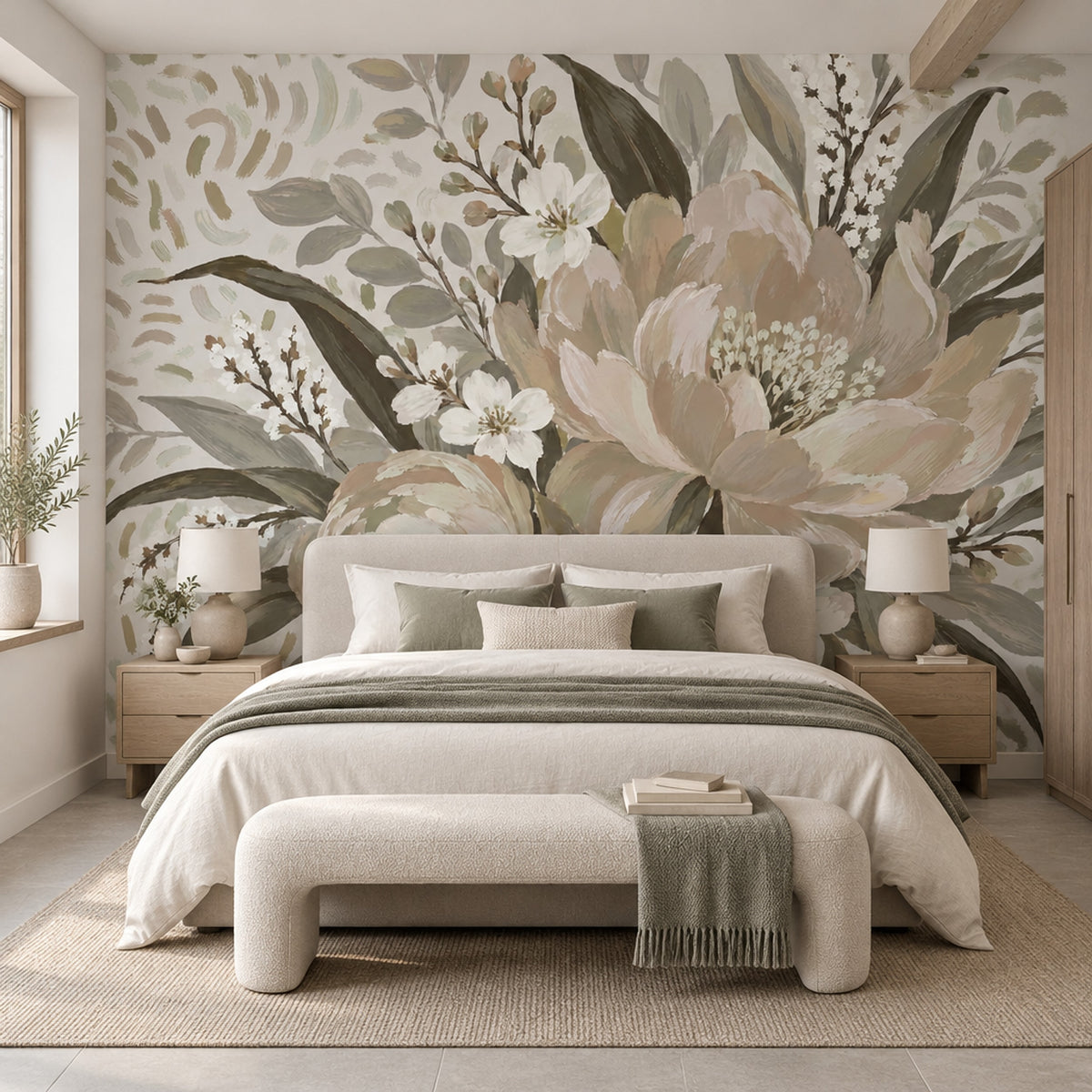 Pastel Garden Flowers Wallpaper Mural Beige Watercolor Botanicals