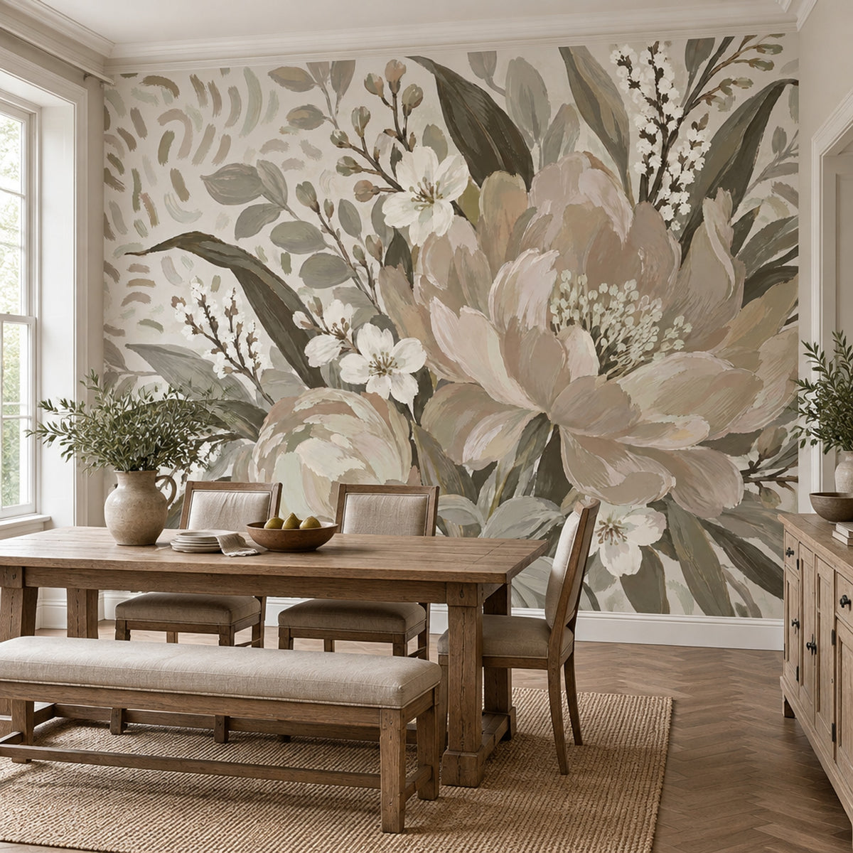 Pastel Garden Flowers Wallpaper Mural Beige Watercolor Botanicals
