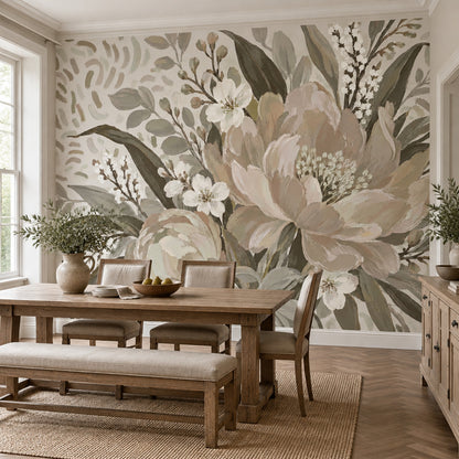 Pastel Garden Flowers Wallpaper Mural Beige Watercolor Botanicals
