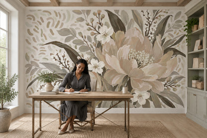 Pastel Garden Flowers Wallpaper Mural Beige Watercolor Botanicals