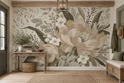 Pastel Garden Flowers Wallpaper Mural Beige Watercolor Botanicals