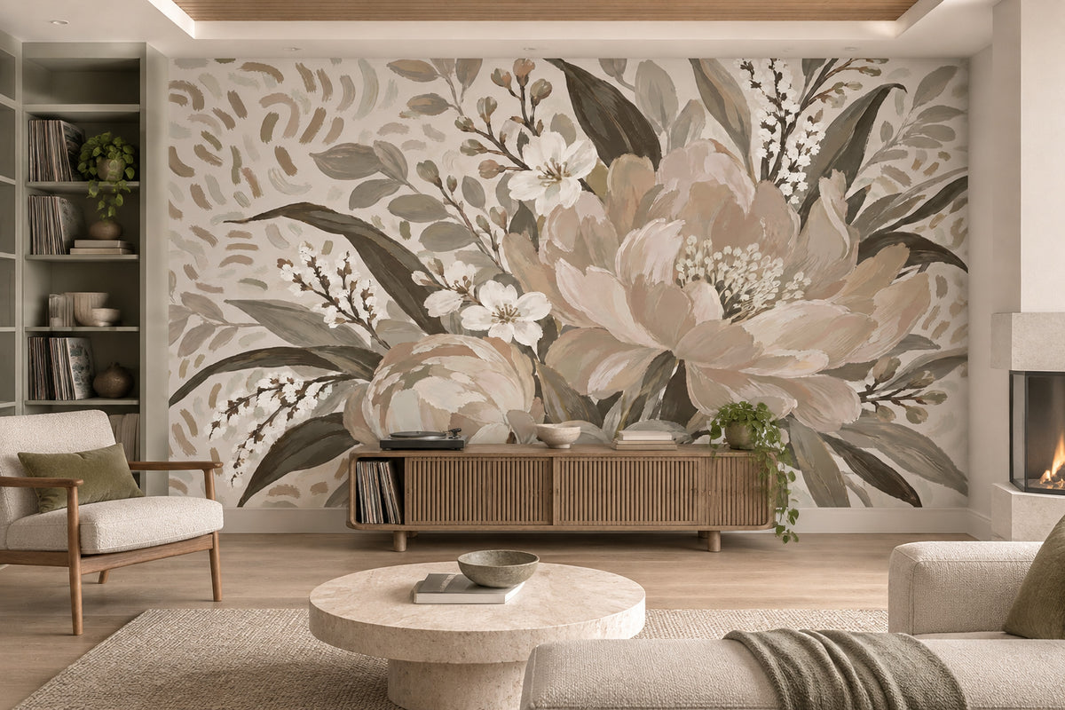 Pastel Garden Flowers Wallpaper Mural Beige Watercolor Botanicals
