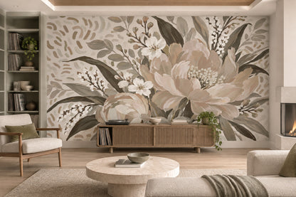 Pastel Garden Flowers Wallpaper Mural Beige Watercolor Botanicals