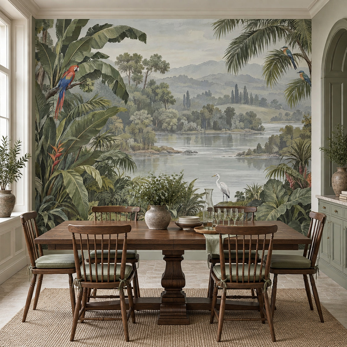 Tropical Birds And Jungle Lake Wallpaper Mural: Muted Green Botanical
