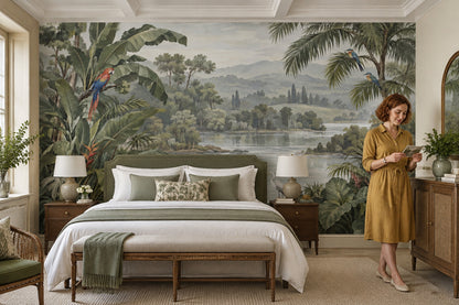 Tropical Birds And Jungle Lake Wallpaper Mural: Muted Green Botanical