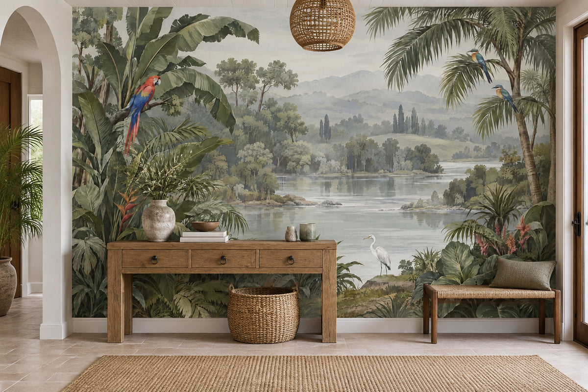 Tropical Birds And Jungle Lake Wallpaper Mural: Muted Green Botanical
