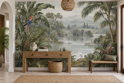 Tropical Birds And Jungle Lake Wallpaper Mural: Muted Green Botanical