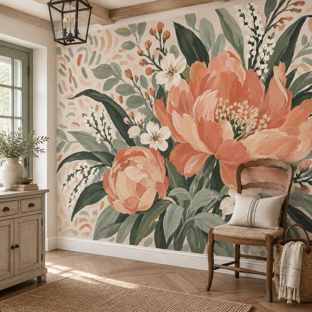 Coral Pink Painted Flowers Wallpaper Mural Muted Green Leaves