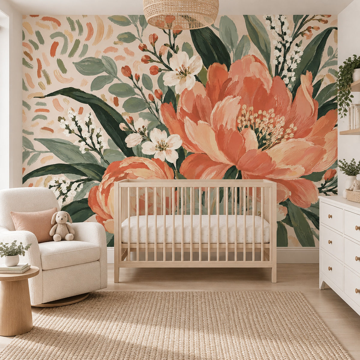 Coral Pink Painted Flowers Wallpaper Mural Muted Green Leaves