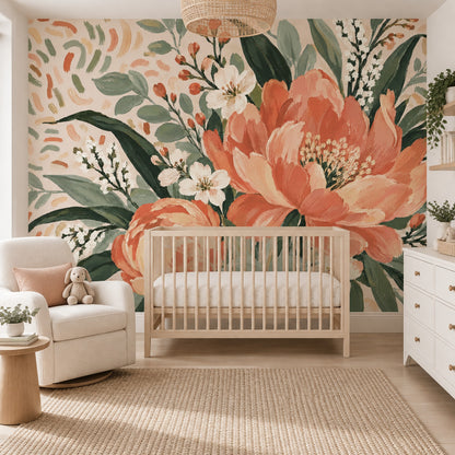Coral Pink Painted Flowers Wallpaper Mural Muted Green Leaves