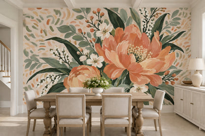 Coral Pink Painted Flowers Wallpaper Mural Muted Green Leaves