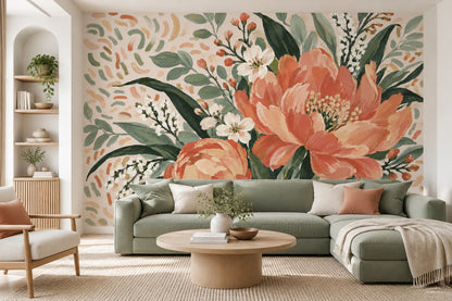 Coral Pink Painted Flowers Wallpaper Mural Muted Green Leaves