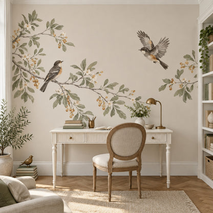 Watercolor Birds And Blossom Branches Wallpaper Mural In Sage Green