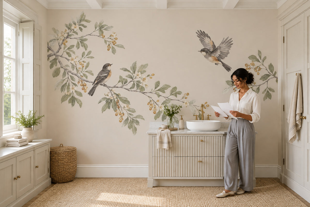 Watercolor Birds And Blossom Branches Wallpaper Mural In Sage Green