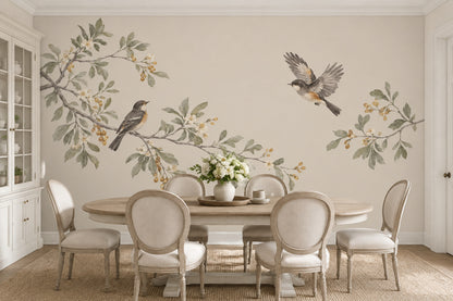Watercolor Birds And Blossom Branches Wallpaper Mural In Sage Green