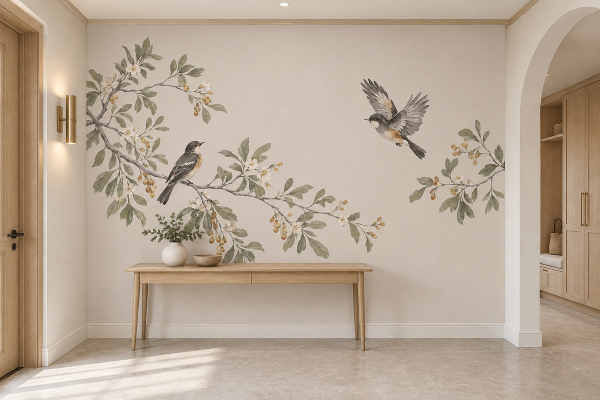 Watercolor Birds And Blossom Branches Wallpaper Mural In Sage Green
